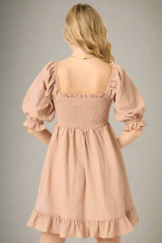 Mittoshop - Smocked Ruffled Half Sleeve Mini Dress in Taupe