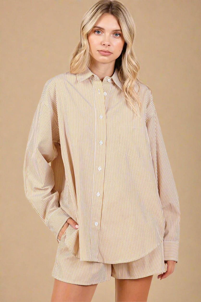Mittoshop - Striped Button Down Shirt & Shorts Set in Mocha/Ivory