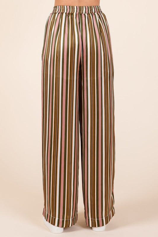 Mittoshop - Striped Elastic Waist Wide Leg Satin Pants in Mauve