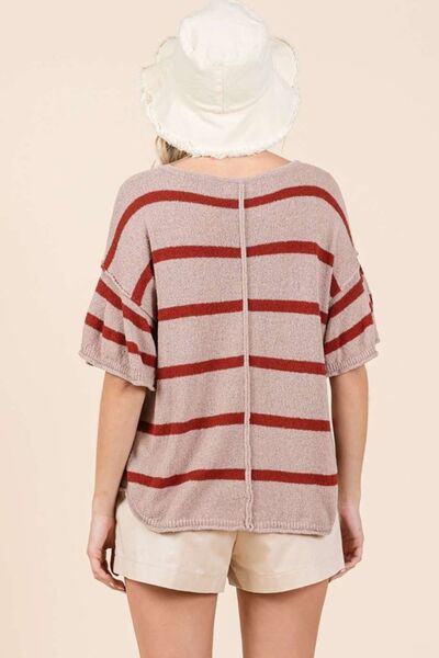 Mittoshop - Striped Flounce Sleeve Knit Top in Mocha & Rust