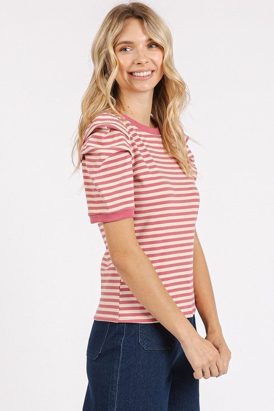 Mittoshop - Striped Puff Sleeve T-Shirt in Mauve