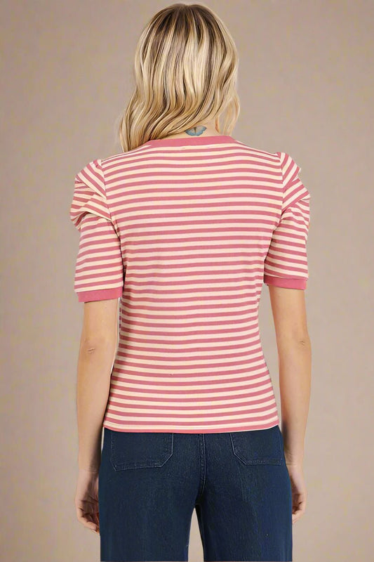 Mittoshop - Striped Puff Sleeve T-Shirt in Mauve