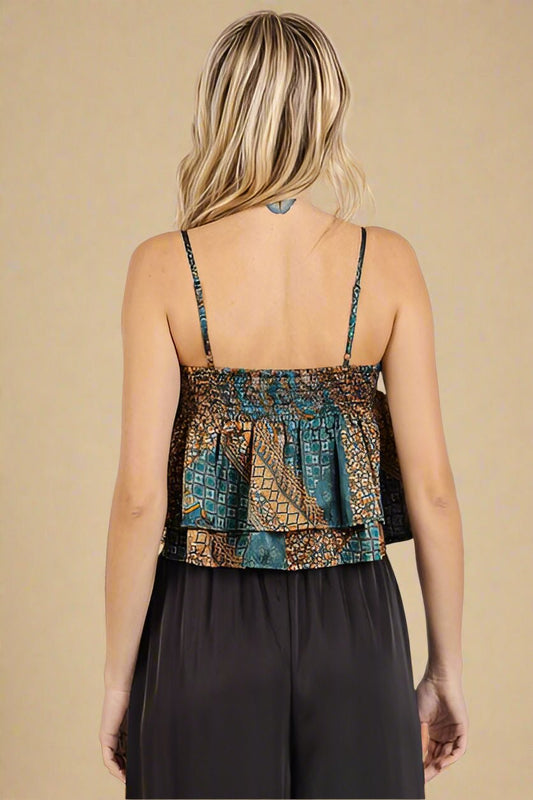 Mittoshop - Teal Green Paisley Satin Ruffle Crop Cami