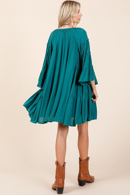 Mittoshop - Teal Green Tie Neck Bell Sleeve Mini Dress