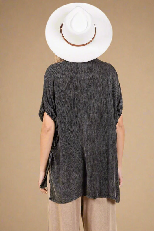 Mittoshop - Textured Drawstring Sleeve Button Down – Washed Charcoal Black