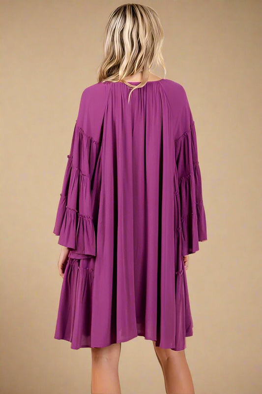 Mittoshop - Tie Neck Bell Sleeve Mini Dress in Deep Magenta