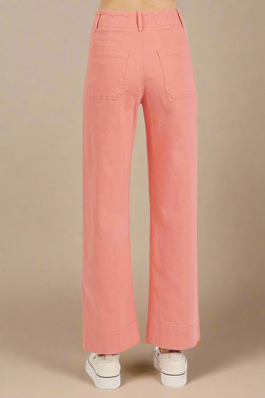Mittoshop - Utility Wide Leg Denim Pants in Coral Pink