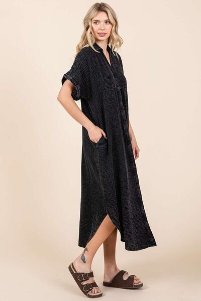 Mittoshop - V - Neck Button - Up Midi Shirt Dress in Charcoal