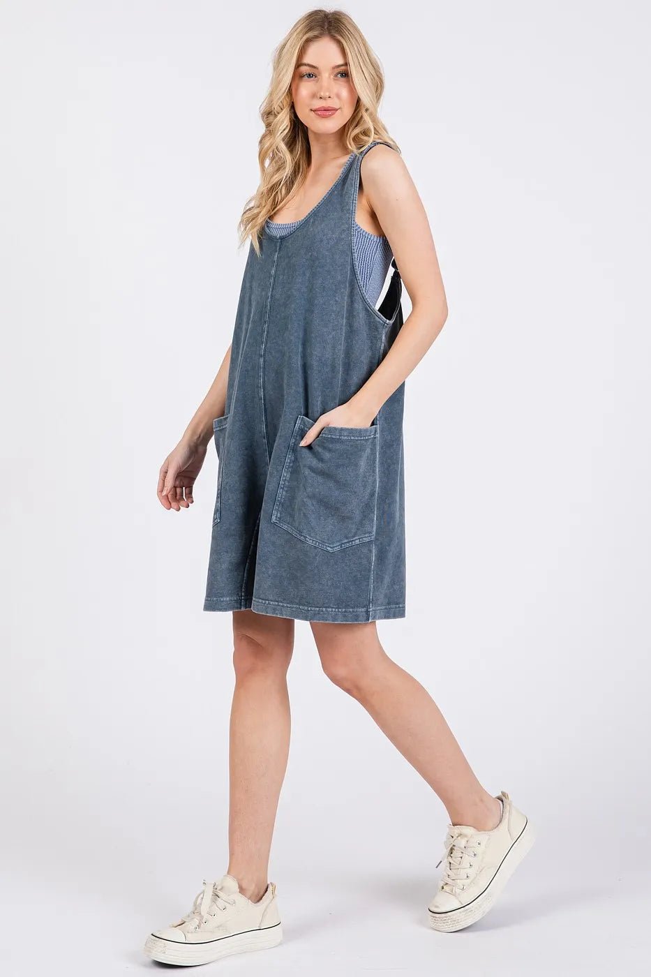 Mittoshop - Washed Denim Pocket Romper in Faded Blue