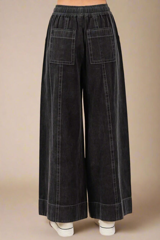 Mittoshop - Washed Wide Leg Drawstring Pants in Charcoal Black
