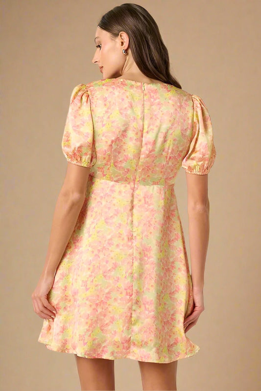 Mittoshop - Yellow Printed Puff Sleeve Satin Mini Dress