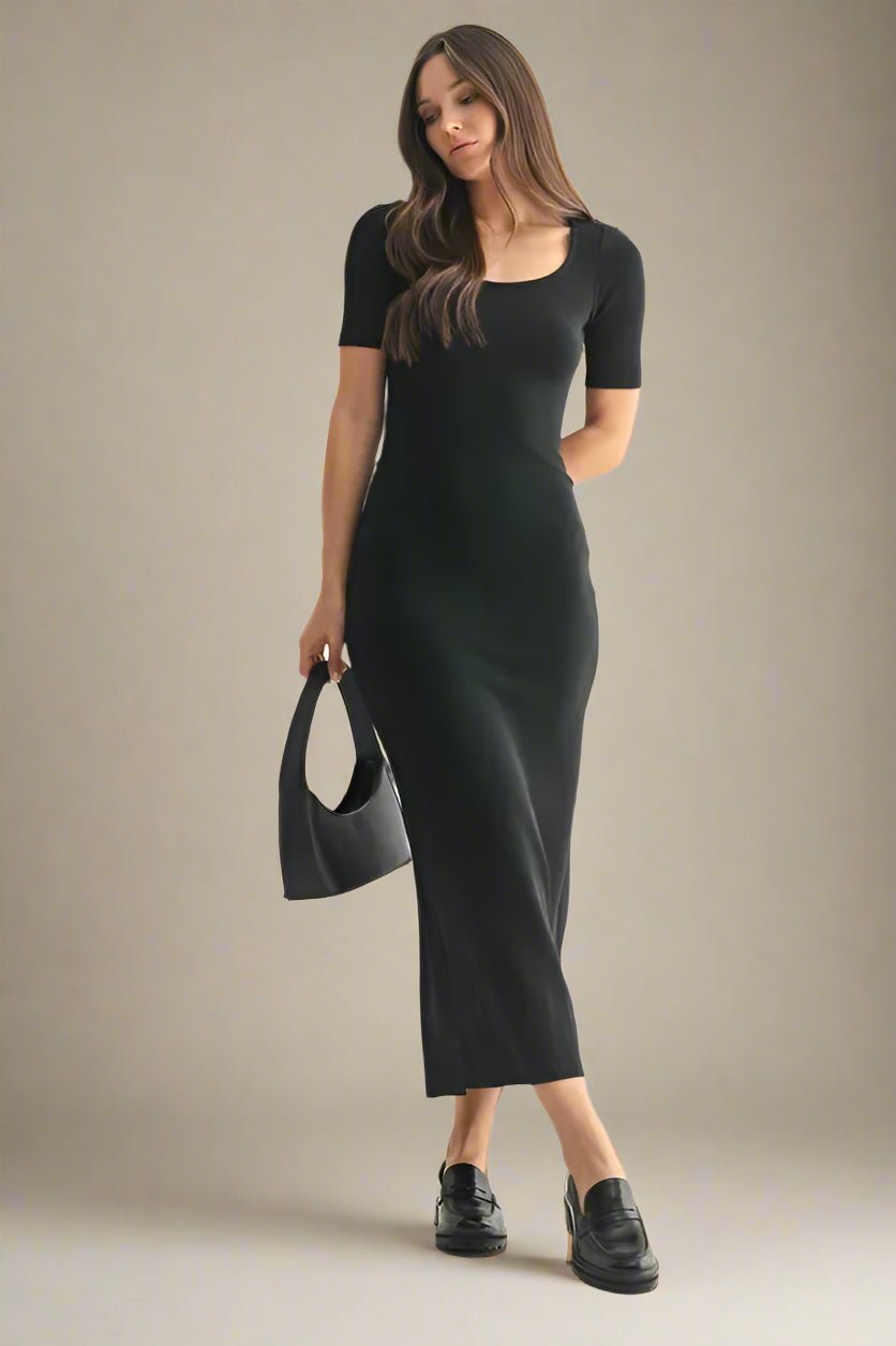 MONO B Black Scoop Neck Midi Dress Black / L MONO B Black Scoop Neck Midi Dress Black / L