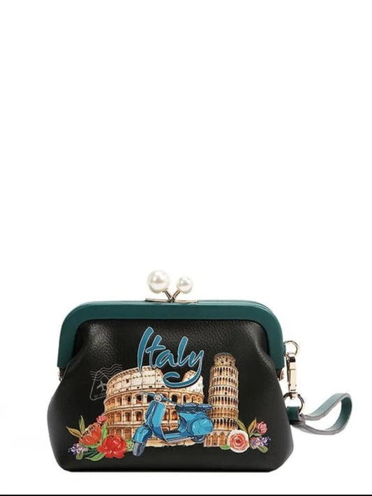 Nicole Lee USA - Italy Passport Girl Kiss Lock Clutch – Green & Multi