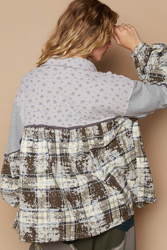 POL - Balloon Sleeve Floral Color Block Plaid Shirt in Brown Grey