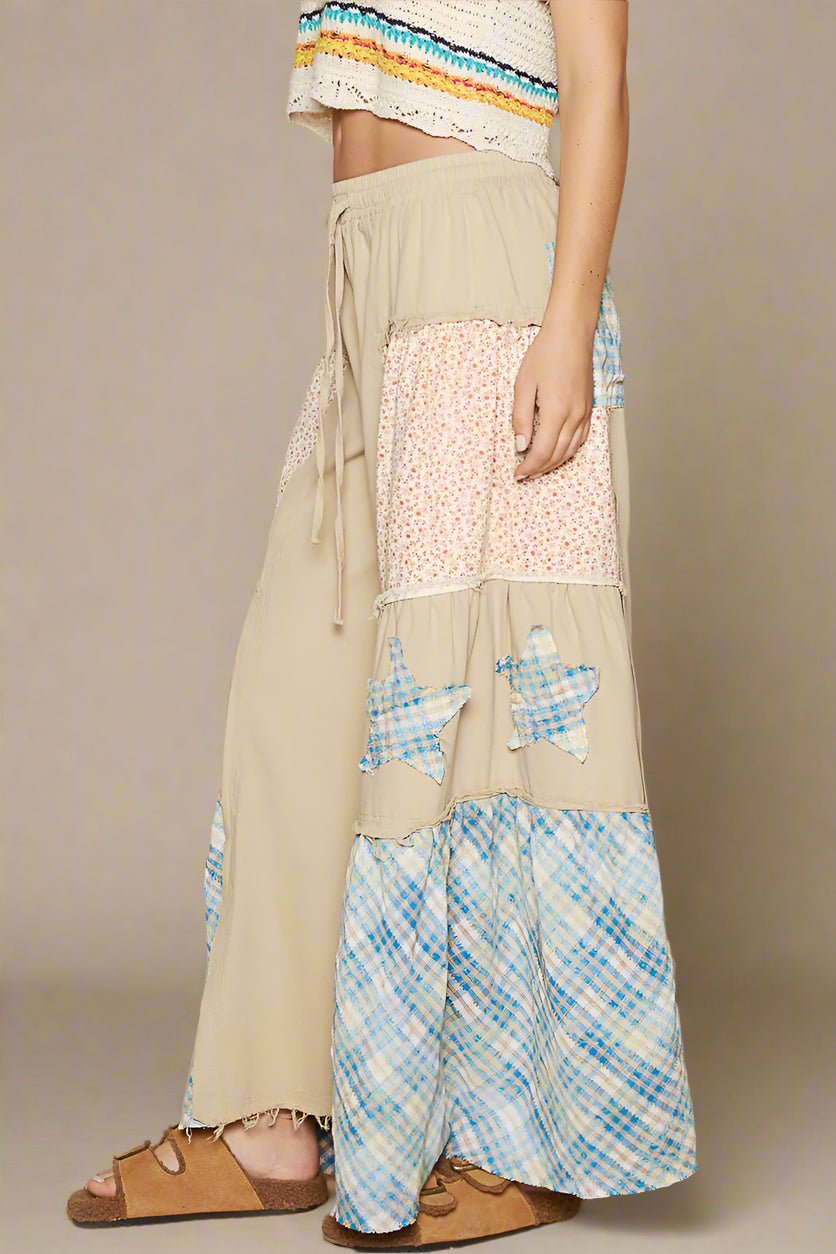 POL - Beige Wide Leg Pants with Floral Patchwork and Blue Plaid Star Insets