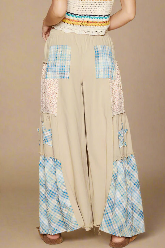 POL - Beige Wide Leg Pants with Floral Patchwork and Blue Plaid Star Insets