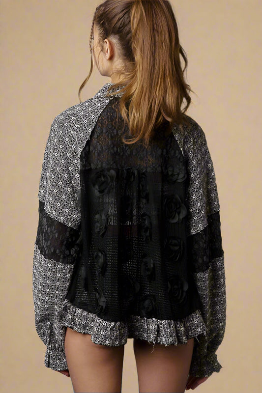 POL - Black Flower & Pearl Detail Lace Shirt