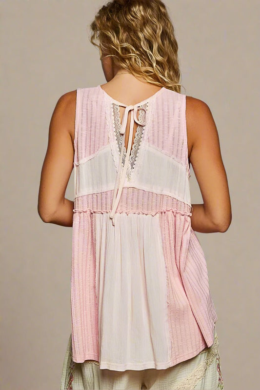 POL - Blush & Ivory Sleeveless Lace Trim Top