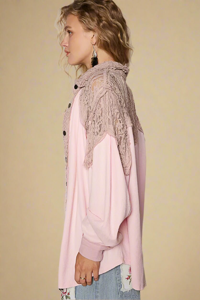 POL - Blush Pink Lace Trim Button Down Shacket