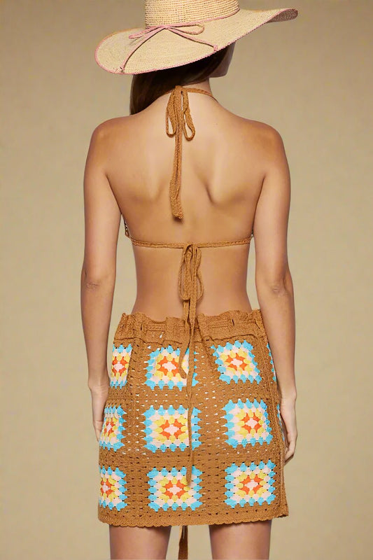 POL - Brown Multicolor Crochet Halter Top & Mini Skirt Set