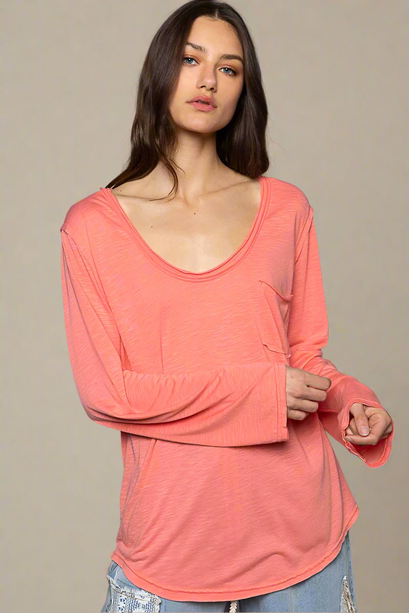POL - Coral Long Sleeve Scoop Neck Pocket Tee