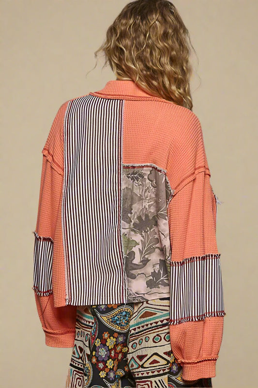 POL - Coral Patchwork Stripe Button - Up Jacket
