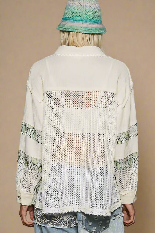 POL - Cream & Sage Patchwork Lace Button Down Shirt