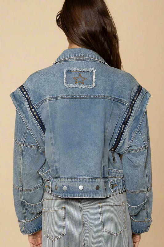 POL - Denim Blue Cropped Moto Jacket