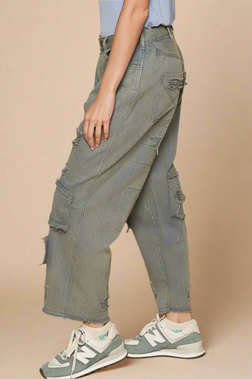 POL - French Blue Distressed Patchwork Boyfriend Jeans