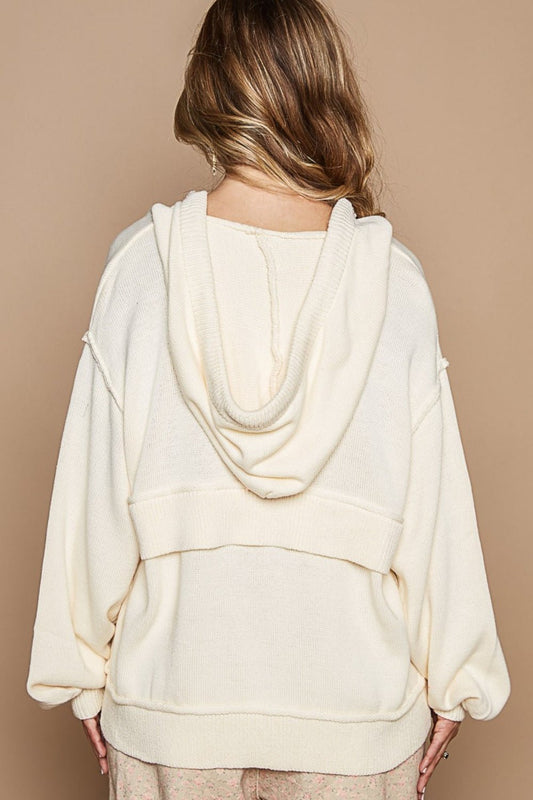 POL - Half Zip Drop Shoulder Hooded Sweater in Provence Cream