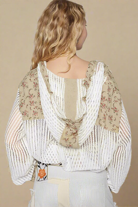 POL - Hooded Mesh Patchwork Shirt in Ivory & Floral Taupe