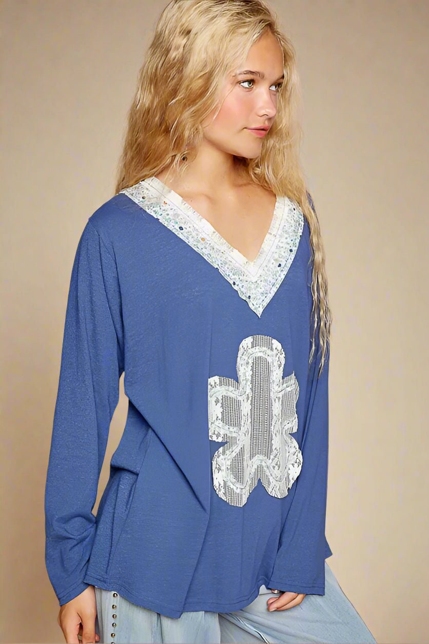POL - Indigo V - Neck Long Sleeve Appliqué Top