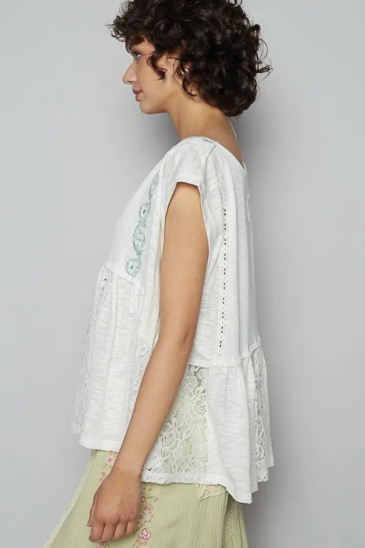 POL - Ivory Lace Patchwork Cap Sleeve Top