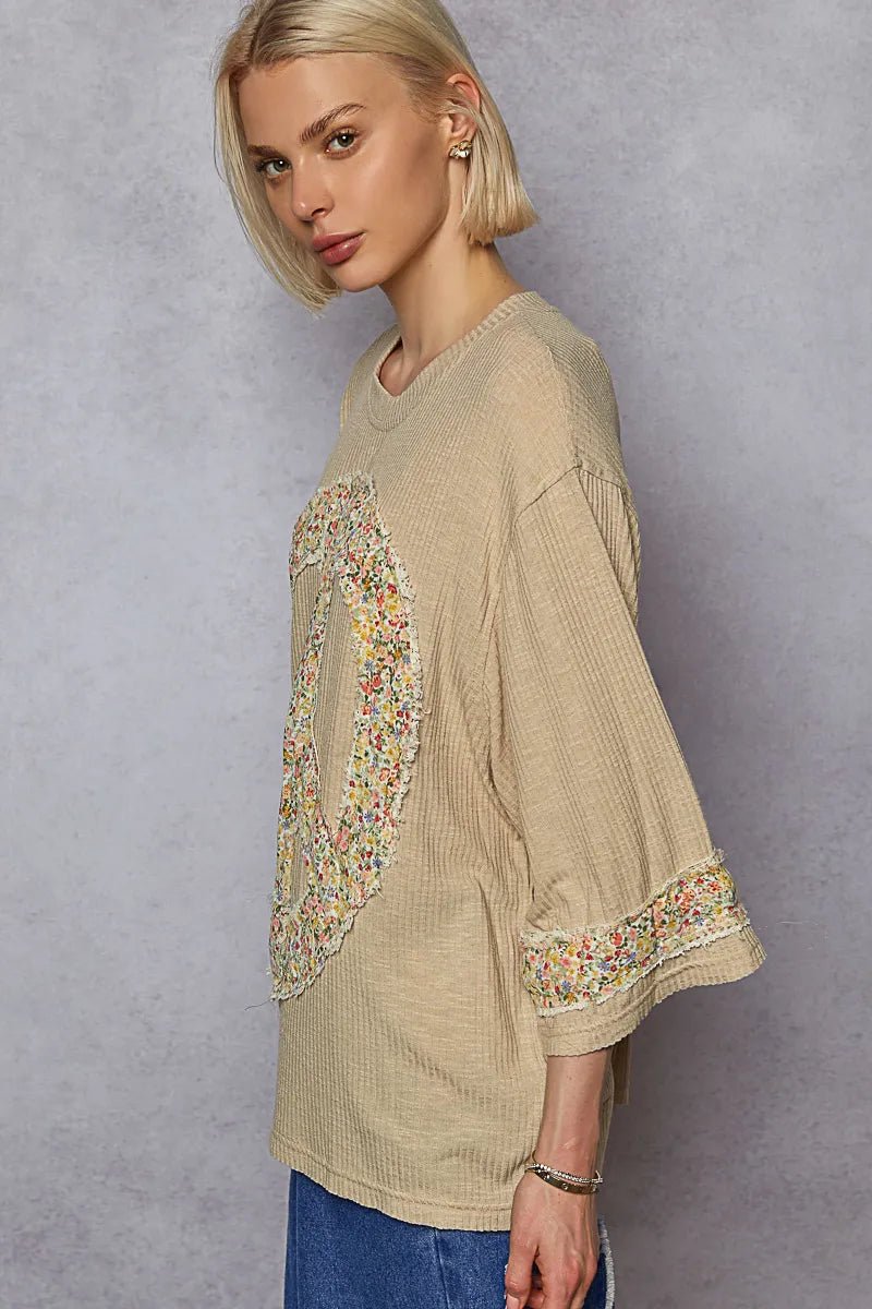 POL - Khaki Floral Patch Peace Sign Oversized Top