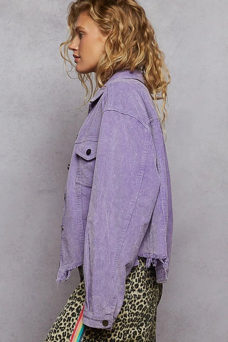 POL - Lavender Corduroy Raw Hem Button Down Jacket