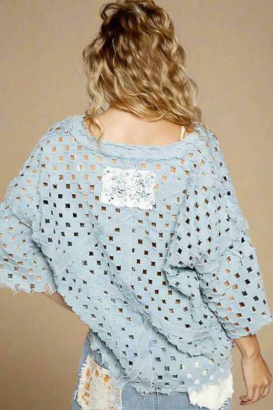 POL - Light Wash Denim Distressed Cutout Top