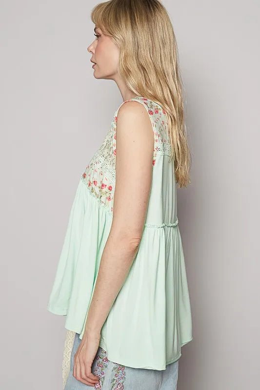 POL - Mint Floral Lace Trim Tank