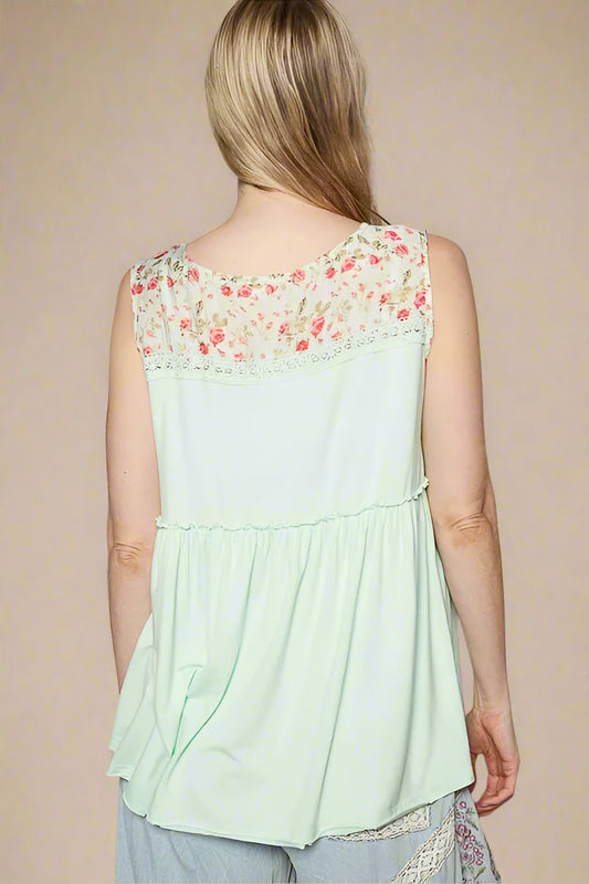 POL - Mint Floral Lace Trim Tank