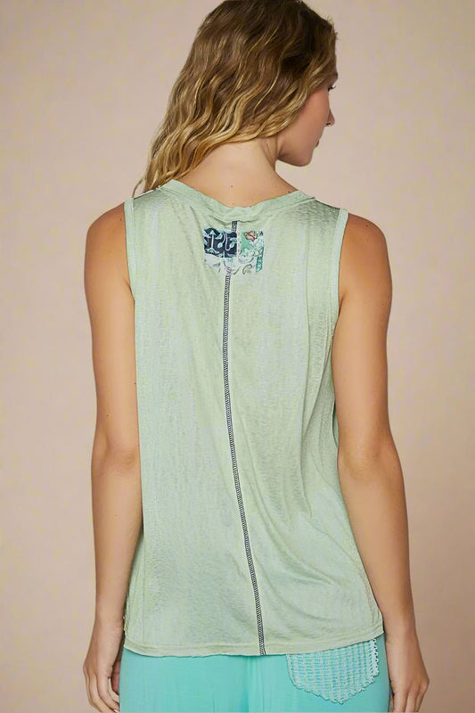 POL - Mint Sleeveless Pocket Tank with Blue Trim