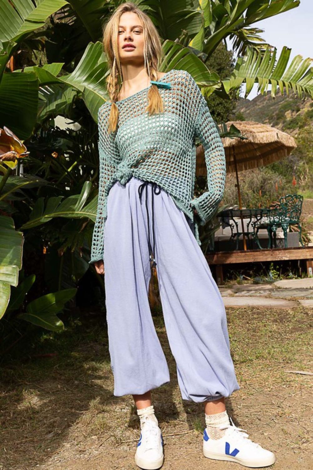 POL - Openwork Long Sleeve Knit Tunic Top in Dusky Teal