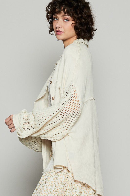 POL - Openwork Sleeve Button Down Gauze Shirt in Natural