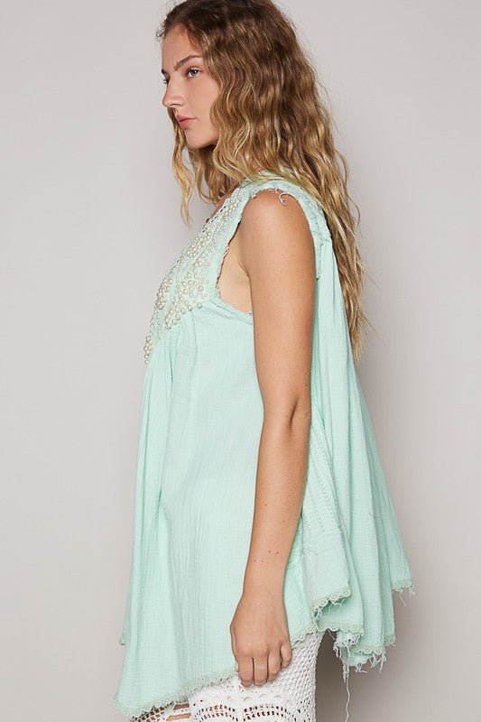 POL - Pearl Detail Sleeveless Cardigan in Pale Mint