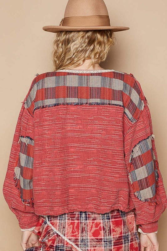 POL - Red Long Sleeve Plaid Shirt