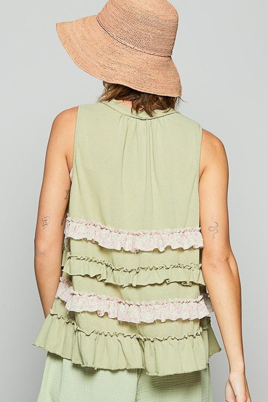 POL - Ruffled Sleeveless Cardigan in Sage