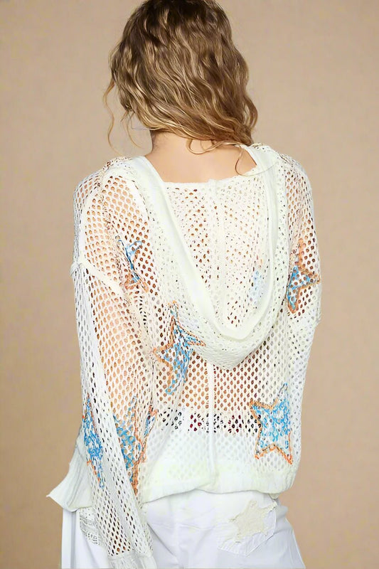 POL - Star Patch Mesh Hoodie Sweater – White