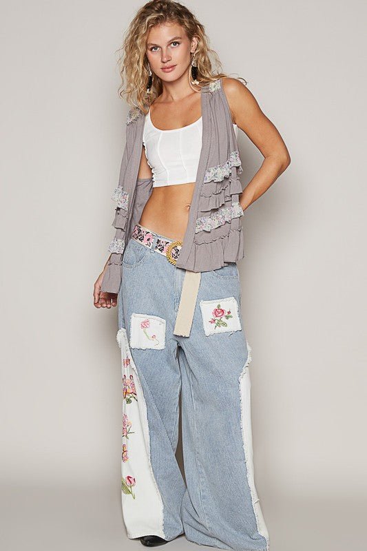 POL - Stone Gray Ruffled Sleeveless Cardigan