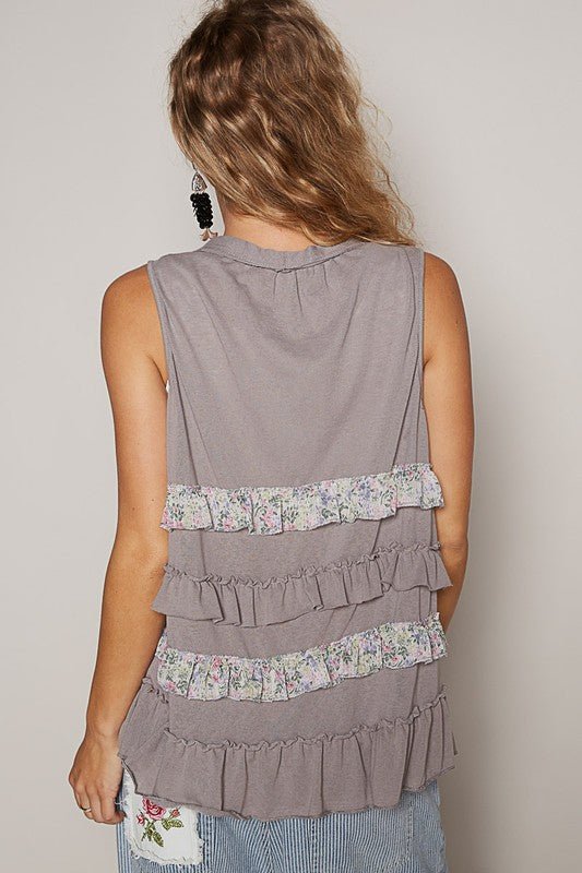 POL - Stone Gray Ruffled Sleeveless Cardigan