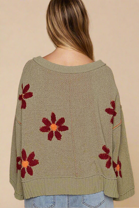 POL - V - Neck Floral Pattern Chenille Sweater in Olive