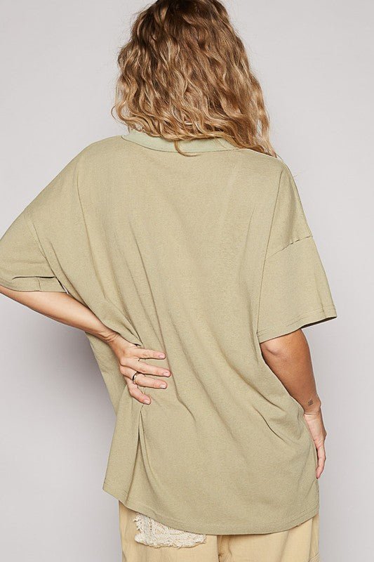 POL - V - Neck Half Sleeve T-Shirt in Dried Moss