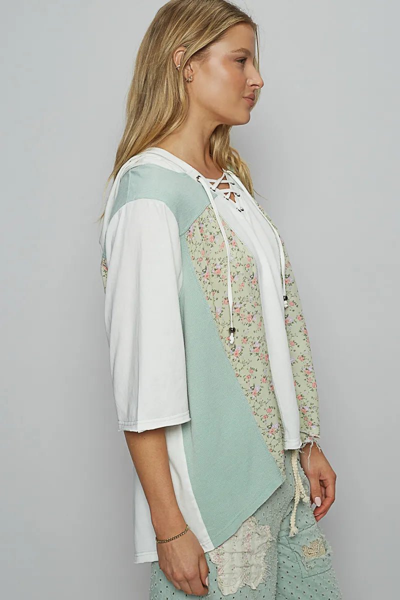 POL - White & Sage Floral Patchwork Hoodie Top